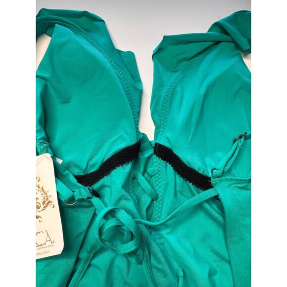 Becca One Piece Size Medium Removable Padded Swimsuit Green NWT Ruffle V- Neck - Picture 5 of 8